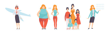 Strong Woman Character Achieve Goal Having Freedom Vector Setのイラスト素材