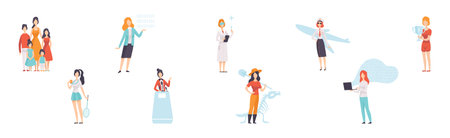 Strong Woman Character Achieve Goal Having Freedom Vector Setのイラスト素材