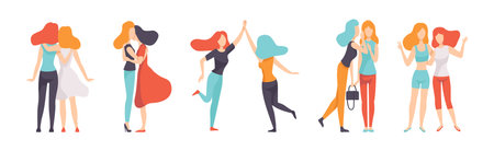 Young Woman Friend Character Spend Time Together Vector Setのイラスト素材