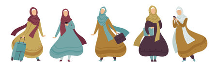 Arabic Muslim Woman Character in Hijab Engaged in Different Activities Vector Setのイラスト素材