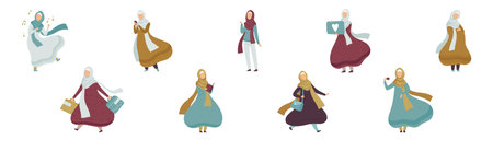 Arabic Muslim Woman Character in Hijab Engaged in Different Activities Vector Setのイラスト素材
