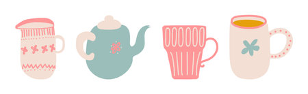 Ceramic Teapot and Cup for Tea Brewing and Drinking Vector Setのイラスト素材