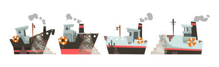 Fishing Nautical Ship and Sailing Boat with Net and Dirty Spots Vector Setのイラスト素材
