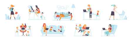 Parents Working with Their Children While Their Playing Next to Them Vector Setのイラスト素材