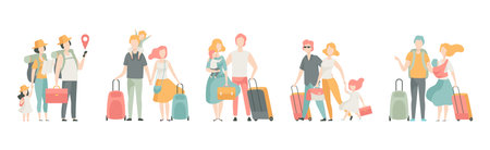 Family with Kids on Vacation with Suitcase and Luggage Vector Setのイラスト素材