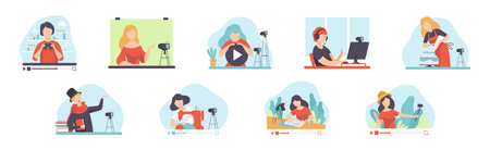 Video Tutorials with Man and Woman Blogger Streaming Vector Setのイラスト素材