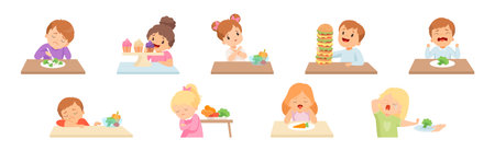 Children Enjoying Eating Fast Food and Hate Vegetable Vector Illustration Setのイラスト素材