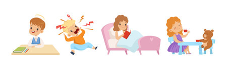 Naughty and Obedient Kids with Good Manners and Hooligans Vector Illustration Setのイラスト素材