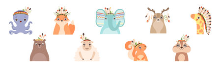 Funny Animal Character with Head Feather Band and Adornment Vector Setのイラスト素材
