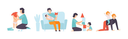 Dad on Maternity Leave Takes Care of Little Toddler Vector Setのイラスト素材