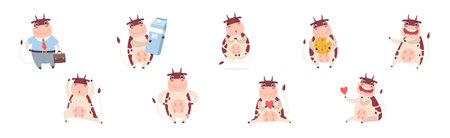 Funny Cow Character with Horn and Udder Enjoy Different Activity Vector Setのイラスト素材