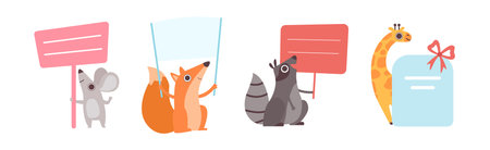 Funny Animal Character Holding Banner or Placard Vector Setのイラスト素材