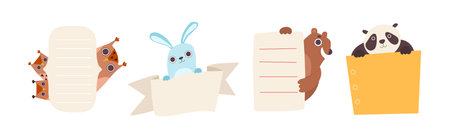 Funny Animal Character Holding Banner or Placard Vector Setのイラスト素材