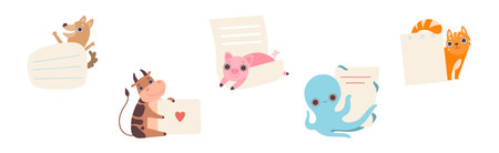 Funny Animal Character Holding Banner or Placard Vector Setのイラスト素材