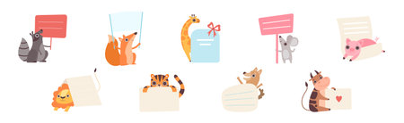 Funny Animal Character Holding Banner or Placard Vector Setのイラスト素材
