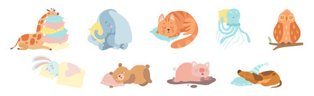 Cute Sleeping Animal Character on Soft Pillow Vector Setのイラスト素材