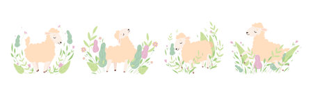 Cute Sheep or Lamb in Foliage or Grass Vector Setのイラスト素材