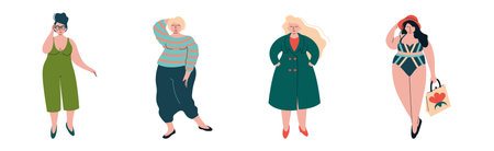 Happy Chubby Woman with Pretty Plus-size Body Vector Setのイラスト素材