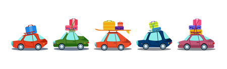 Car and Auto Driving with Travel Bag and Trunk as Holiday Trip Vector Setのイラスト素材