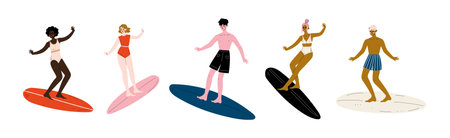 Man and Woman Surfer in Swimwear on Surfboard Vector Setのイラスト素材