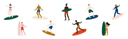 Man and Woman Surfer in Swimwear on Surfboard Vector Setのイラスト素材