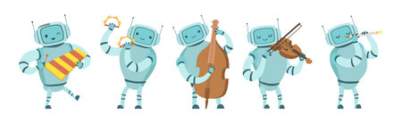 Robot Musician Character Playing Musical Instrument Vector Setのイラスト素材