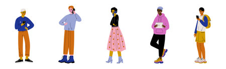 Young Man and Woman with Smartphone Gadget Vector Setのイラスト素材