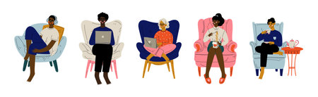 People Sit in Armchair at Home Doing Different Activity Vector Setのイラスト素材