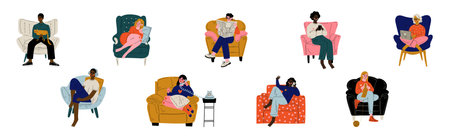 People Sit in Armchair at Home Doing Different Activity Vector Setのイラスト素材