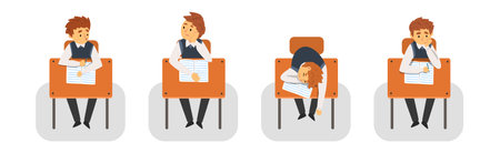 Boy School Pupil Sit at Desk at Lesson Vector Setのイラスト素材