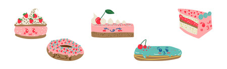 Cute Sweet Dessert with Smiling Face Vector Set