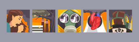 Environmental Pollution and Air Contamination with Suffering People Vector Poster Setのイラスト素材