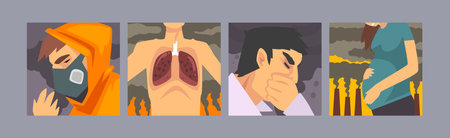 Environmental Pollution and Air Contamination with Suffering People Vector Poster Setのイラスト素材
