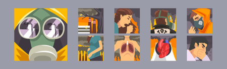 Environmental Pollution and Air Contamination with Suffering People Vector Poster Setのイラスト素材