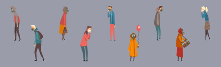 People Character in Masks Protect from Fine Dust and Toxic Air Breathing Vector Setのイラスト素材
