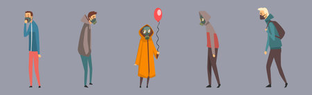 People Character in Masks Protect from Fine Dust and Toxic Air Breathing Vector Setのイラスト素材