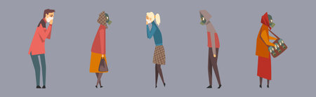 People Character in Masks Protect from Fine Dust and Toxic Air Breathing Vector Setのイラスト素材