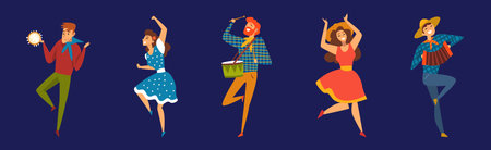 Man and Woman Country Dancer Moving Body Vector Setのイラスト素材