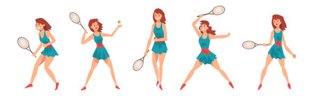 Woman Character Playing Tennis with Ball and Racquet Vector Setのイラスト素材
