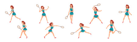 Woman Character Playing Tennis with Ball and Racquet Vector Setのイラスト素材