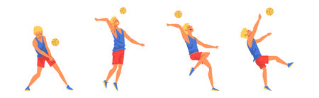 Blond Man Volleyball Player Jumping and Hitting Ball Vector Setのイラスト素材