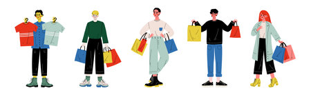 Happy People Customer Character Shopping with Bag Vector Setのイラスト素材