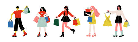 Happy People Customer Character Shopping with Bag Vector Setのイラスト素材