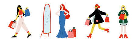 Happy People Customer Character Shopping with Bag Vector Setのイラスト素材