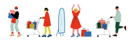 Happy People Customer Character Shopping with Bag Vector Setのイラスト素材