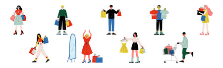 Happy People Customer Character Shopping with Bag Vector Setのイラスト素材
