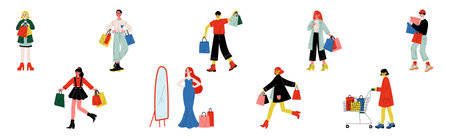 Happy People Customer Character Shopping with Bag Vector Setのイラスト素材
