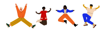 Happy People Character Jumping with Joy and Excitement Vector Setのイラスト素材