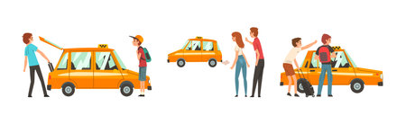 Man and Woman Passenger Hire Yellow Taxi Cab Service Vector Setのイラスト素材