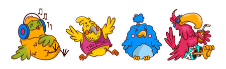 Funny Tropical Bird Character Enjoy Different Activity Vector Setのイラスト素材